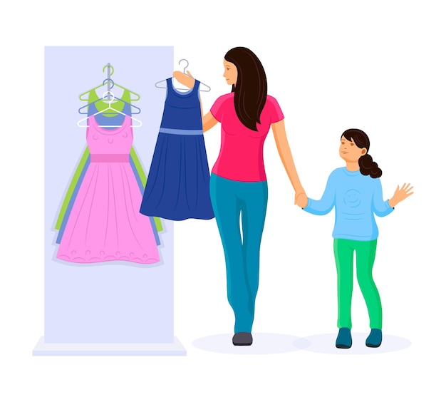 Vecteur femme faisant du shopping dans un magasin de vêtements maman avec sa petite fille choisissant et essayant des vêtements habillés