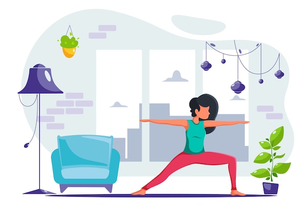 Vecteur femme faisant du yoga à la maison dans un intérieur moderne