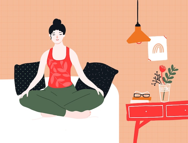 Femme Faisant Du Yoga Et De La Méditation Au Lit. Pratique De La Pleine Conscience En Posture De Lotus à La Maison. Intérieur De La Chambre Confortable Avec Oreillers, Table De Chevet, Affiche Et Lampe. Illustration Vectorielle De Calme Et De Détente.