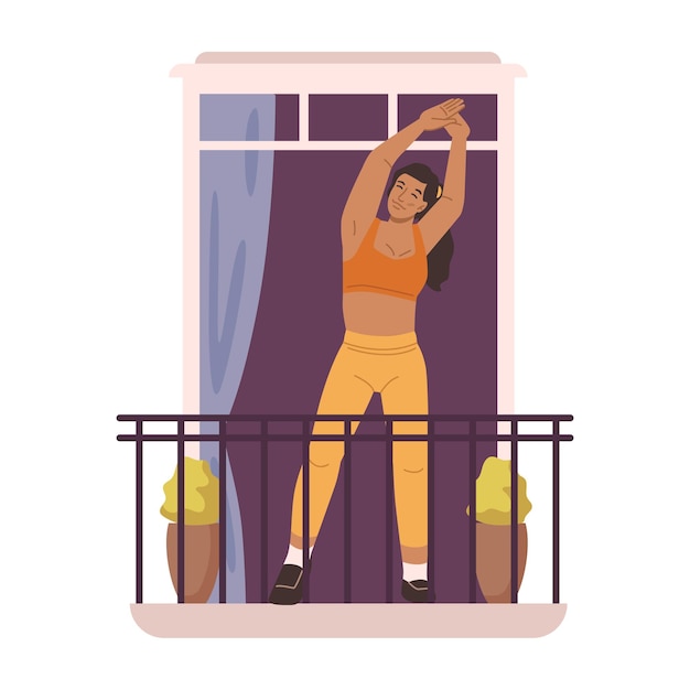 Vecteur femme faisant des exercices au balcon