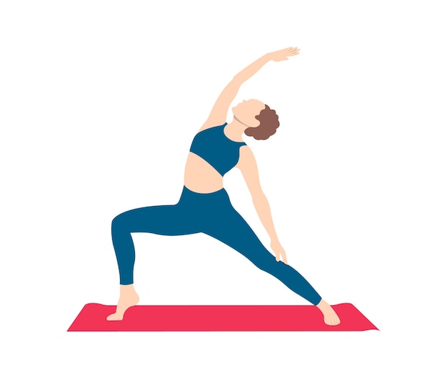une femme fait du yoga sur un fond blanc