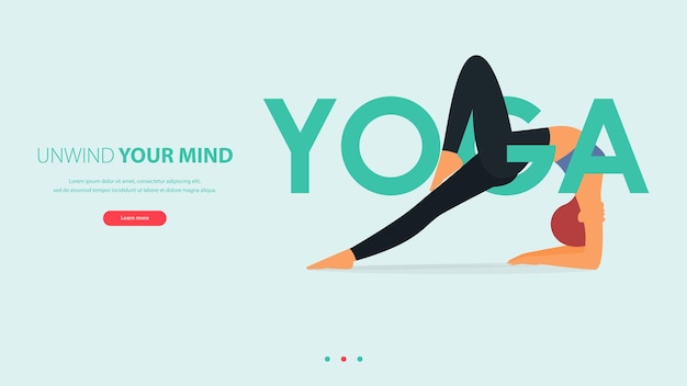 La femme fait une pose de yoga ou une posture d'asana avec un mot de yoga. Page de destination pour le studio de yoga.