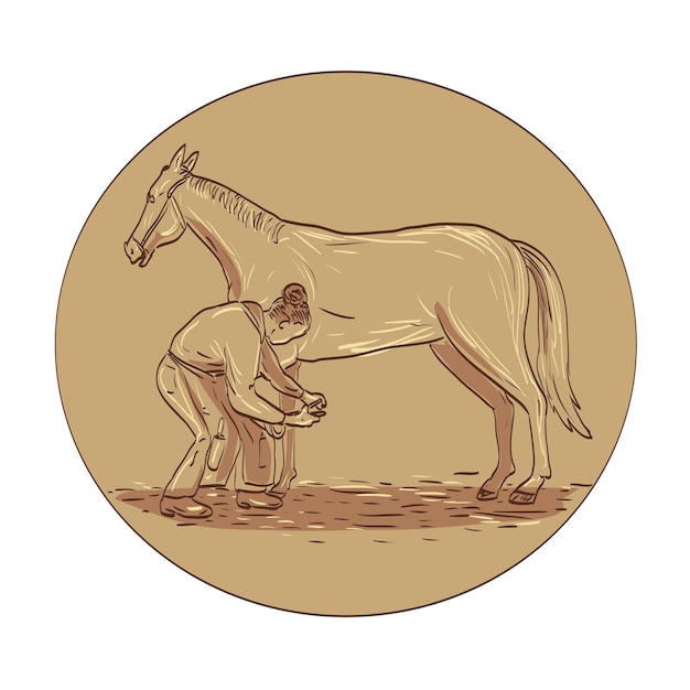Vecteur femme farrier plaçant un fer à cheval sur le sabot du cheval fer à cheval vue latérale dans le dessin en cercle