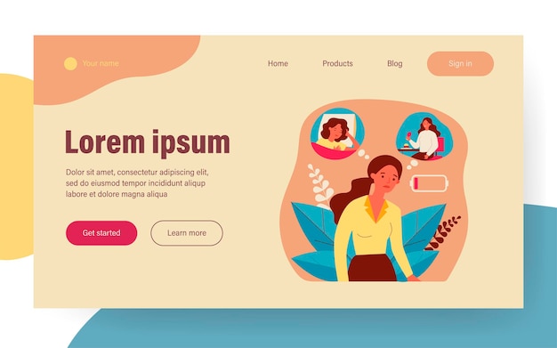 Femme fatiguée se sentant au niveau bas. À court de batterie, mauvaise alimentation et sommeil à plat illustration vectorielle. Burnout, mode de vie malsain, concept de fatigue pour la bannière, la conception de sites Web ou la page Web de destination