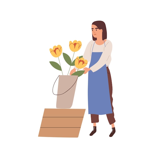 Femme fleuriste en tablier soin de fleurs jaunes en illustration plate de vecteur de seau. Vendeur floral femelle avec des plantes en fleurs isolées sur blanc. Conseiller de boutique fleuriste ou magasin.