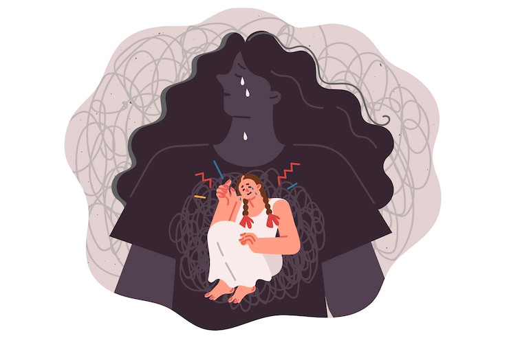 Vecteur une femme frustrée est tombée en dépression en raison de problèmes internes et de traumatismes psychologiques.