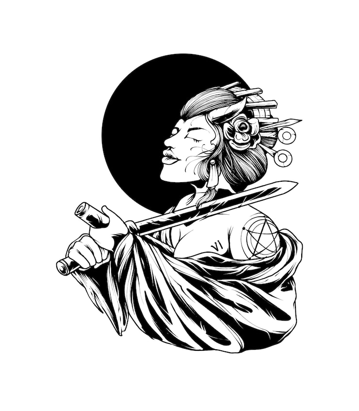 Vecteur femme, geisha, seppuku, silhouette, illustration