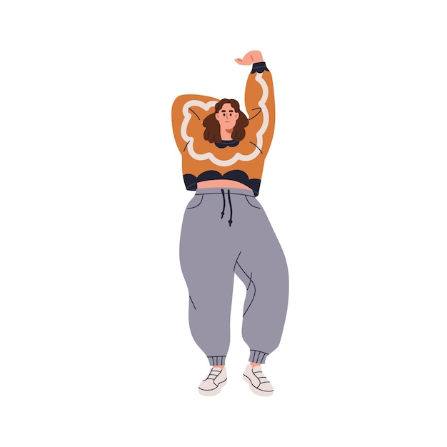 Vecteur femme grasse plus grande debout en posant jeune fille chubby chunky souriante personnage féminin bodypositive assez confiant avec une figure grossière illustration vectorielle plate isolée sur fond blanc