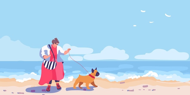 Vecteur une femme grosse en rouge avec un bulldog se promène sur la plage au bord de la mer dans une station balnéaire.