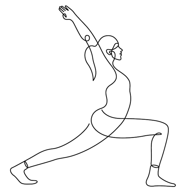 Femme en guerrier pose yoga équilibrage vecteur ligne art illustration