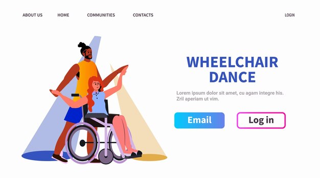Vecteur une femme handicapée assise dans un fauteuil roulant et dansant avec un homme afro-américain.