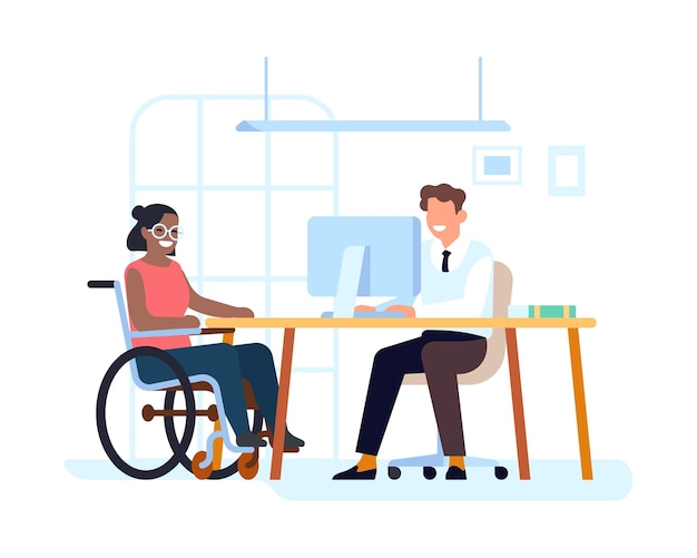 Vecteur une femme handicapée est interviewée pour un emploi accessibilité professionnelle égale entretien d'embauche personne handicapée en fauteuil roulant emploi inclusif embauche d'une femme handicapée concept vectoriel