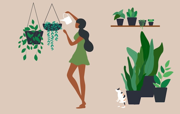 Vecteur femme heureuse arrosant des plantes d'intérieur à la maison illustration vectorielle passe-temps rester à la maison style de vie