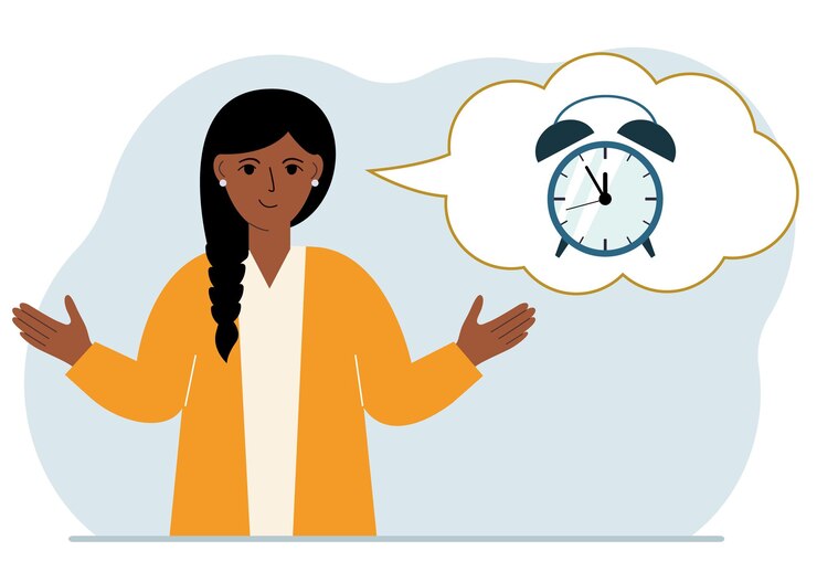 Femme heureuse avec ballon de pensée avec réveil. Gestion du temps, planification, organisation du temps de travail, efficacité commerciale, délai.