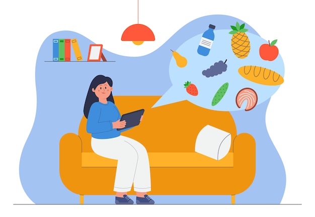Femme heureuse commandant des produits alimentaires via l'application sur tablette. Fille d'épicerie dans l'illustration vectorielle plane de stope en ligne. Livraison de nourriture, concept technologique pour la bannière, la conception de sites Web ou la page Web de destination