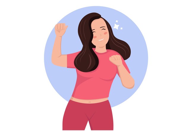 Vecteur une femme heureuse lève les mains et inclinent la tête dans une jolie pose de danse illustration vectorielle