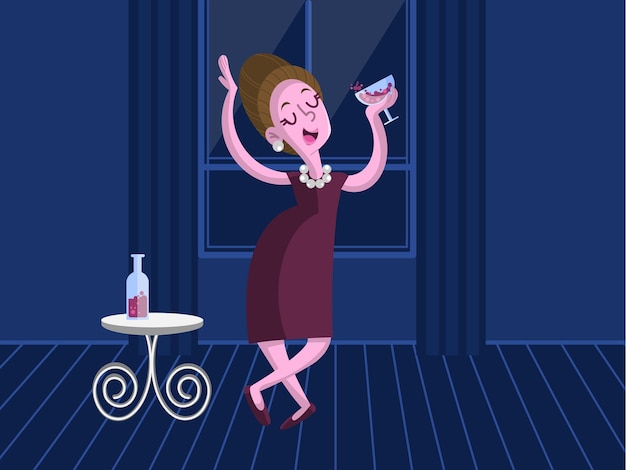Femme heureuse avec personnage de dessin animé de vin
