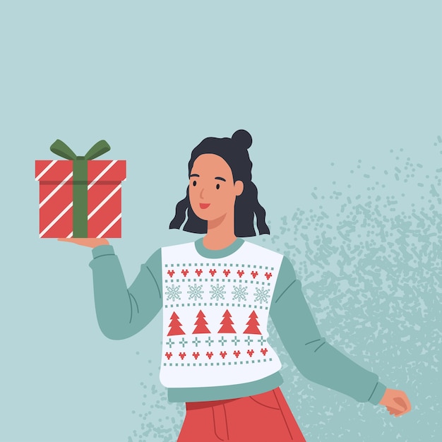 Femme Heureuse En Pull Avec Cadeau De Noël. Illustration Dans Un Style Plat