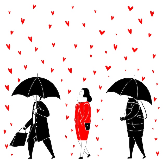 Femme Heureuse Sous La Pluie De Coeurs Rouges.