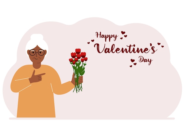 Vecteur une femme heureuse tient un bouquet de fleurs dans sa main à côté du texte happy valentine's day concept pour la bannière ou l'affiche de félicitations de carte postale