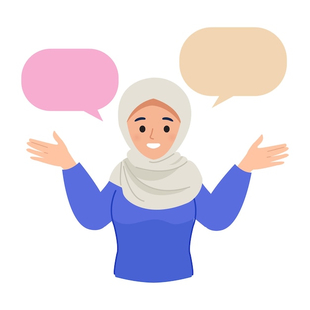 Une femme hijab intelligente racontant des histoires avec un discours de bulle