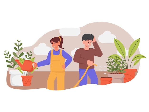 Femme Et Homme Arrosant Des Plantes Illustration