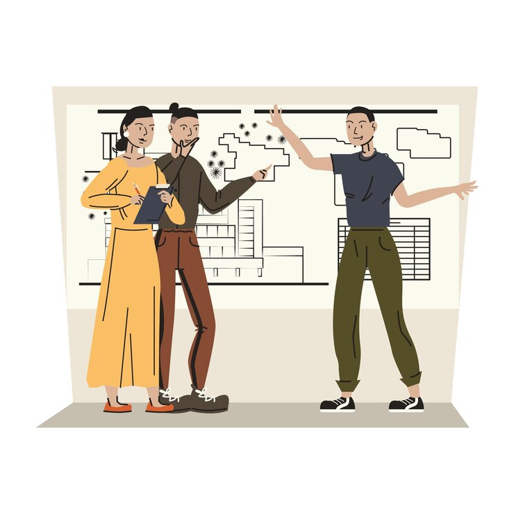 Femme et homme debout près du projet et écoutant la cliente prenant des notes