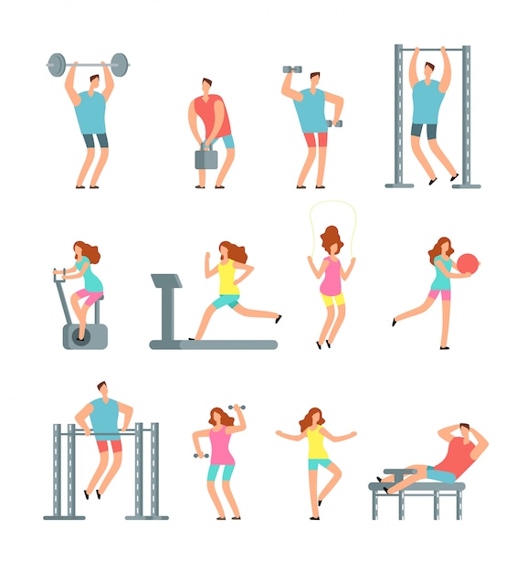 Femme et homme faisant divers exercices sportifs avec équipement de gymnastique