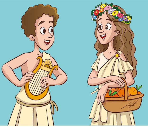 Vecteur une femme et un homme grecs avec une harpe et un panier de fruits illustration vectorielle