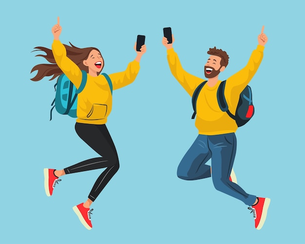 Une femme et un homme heureux avec des smartphones et des sacs à dos des touristes des gens sautant de joie vecteur