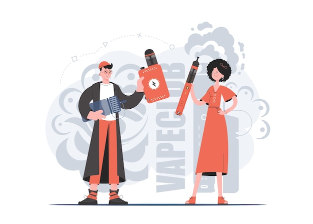 Une femme et un homme tiennent une cigarette électronique dans leurs mains Style branché avec des couleurs neutres douces Le concept de vapeur et vape Illustration vectorielle