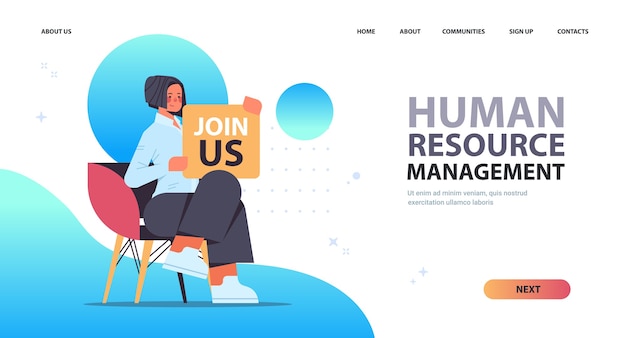 Vecteur femme hr manager holding nous embauchons nous rejoindre affiche vacance recrutement ouvert concept de ressources humaines pleine longueur copie espace horizontal illustration vectorielle