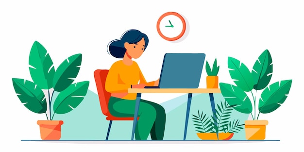 Une femme illustrée assise à un bureau de travail