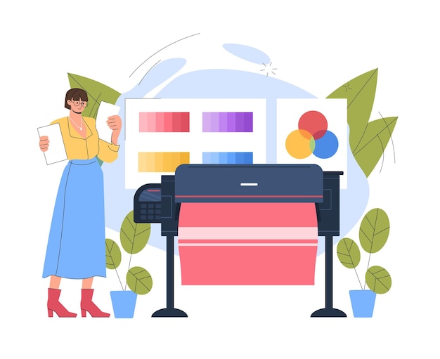 Femme imprime sur l'imprimante typographie dans la photocopieuse de bureau sur le lieu de travail copie et numérisation d'images