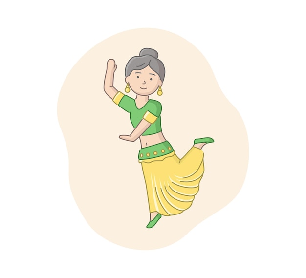 Femme de l'Inde portant la danse traditionnelle tenue verte et jaune. Personnage de danseuse indienne se déplaçant vers la musique. Objet linéaire. Illustration vectorielle colorée avec contour.