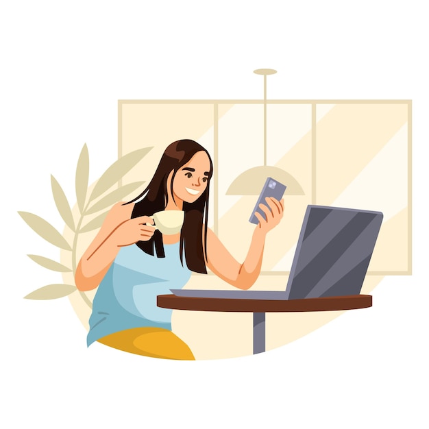 Une femme indépendante travaillant dans un café avec un ordinateur portable et une tasse de café souriante Illustration vectorielle