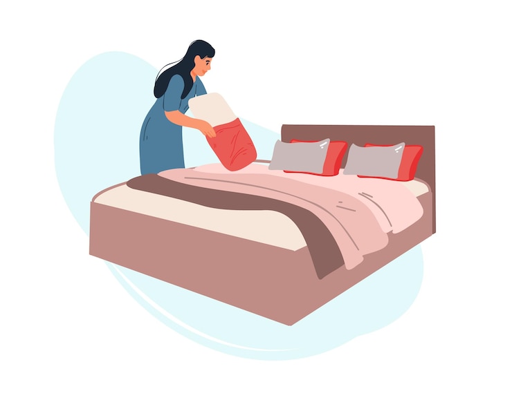 Vecteur une femme installe un lit avec un oreiller