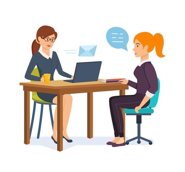 Une femme interroge un employeur avec un employé potentiel et communique des informations sur les échanges