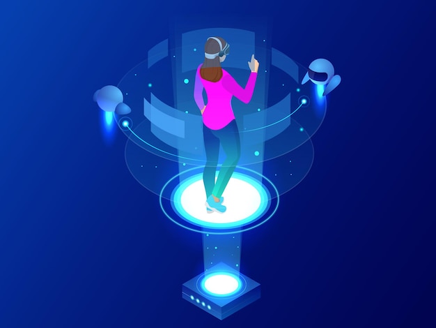 Femme isométrique portant un casque à lunettes avec une interface vr touchante. Dans le monde de la réalité virtuelle. Technologie future. Illustration vectorielle