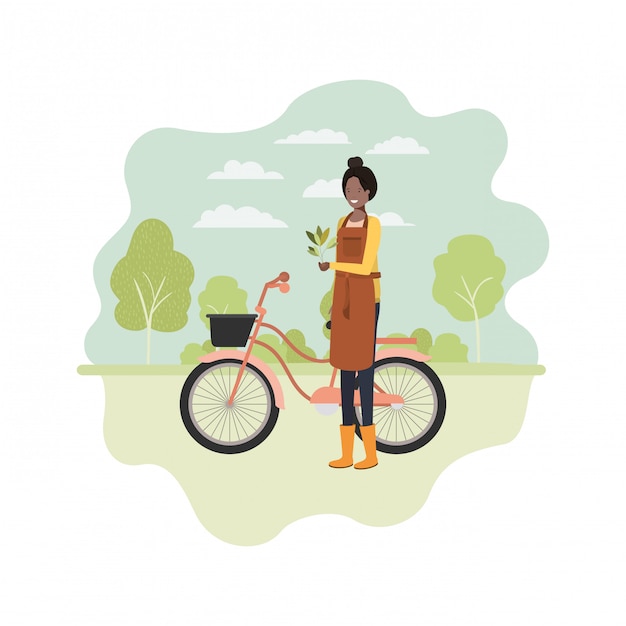 Vecteur femme jardinier avec paysage et vélo