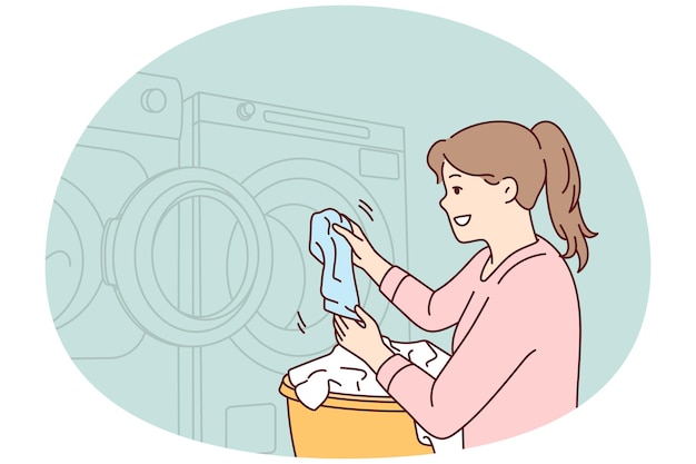 Une Femme Jette Du Linge Sale Dans La Machine à Laver Pour Le Rendre Frais Et Bien Sentir. Image Vectorielle