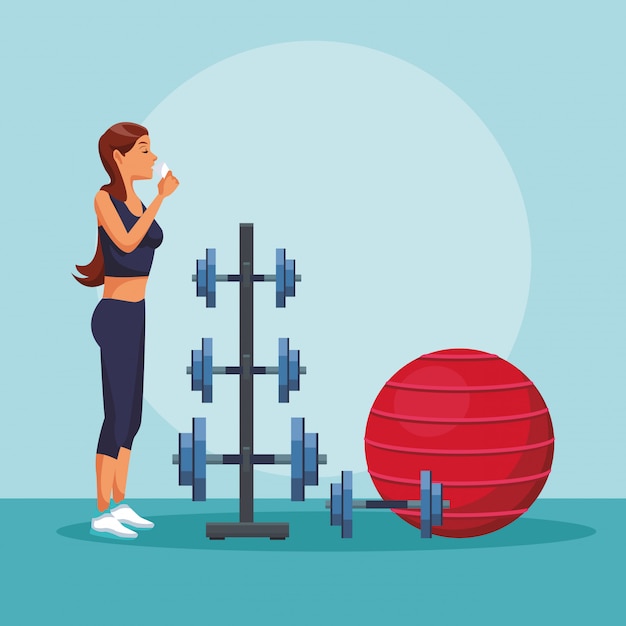 Femme Jeune Et De Remise En Forme Avec Des Poids Et Ball Design Graphique Illustration Vectorielle