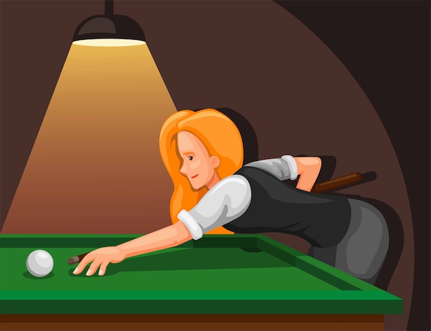 Femme Jouant Au Billard. Joueur De Billard Professionnel Visant à Tirer La Balle Du Concept De Vue Latérale