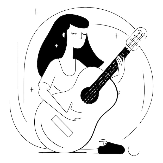 Vecteur une femme jouant de la guitare dans un cercle avec une femme qui joue de la guitarre