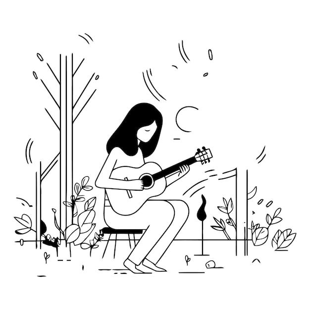 Vecteur femme jouant de la guitare sur le fond de la nature dans un style plat