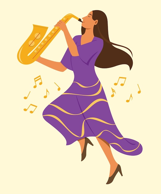 Femme Joue Du Saxophone Et Saute