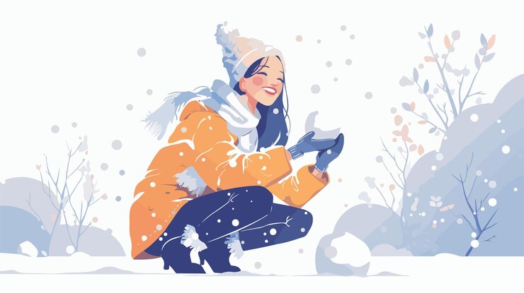 Vecteur une femme joyeuse et à la mode s'amusant avec la neige au pays des merveilles d'hiver