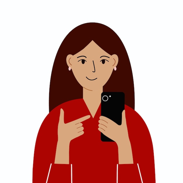 Femme Joyeuse Avec Téléphone Portable, Vue De Face. Pointe Son Doigt Vers L'écran Du Téléphone. Dépendance Aux Smartphones Et à Internet.