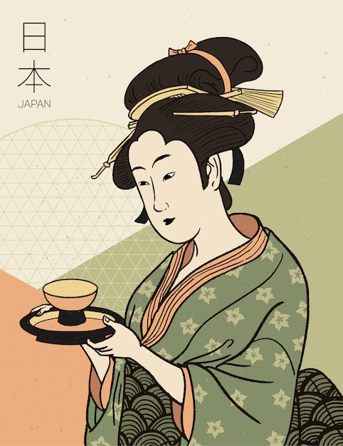 Femme En Kimono Tenant Une Tasse De Thé. Style Japonais Traditionnel. Costume De Geisha.