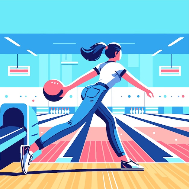une femme lançant une balle de bowling dans une illustration de conception plate